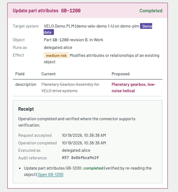 Completed receipt for the GB-1200 change: request accepted and operation completed, verified by re-reading the object, with an audit reference.